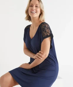 Short Sleeve Navy Lace Nightie