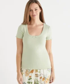 Short Sleeve Pointelle Pyjama Tee - Green