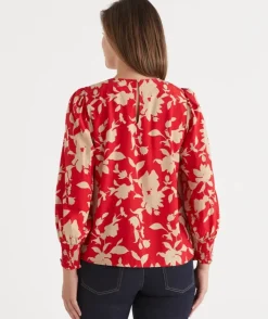 Silhouette Floral Print Long Sleeve Top - Red