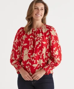 Silhouette Floral Print Long Sleeve Top - Red