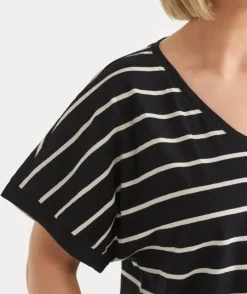 Slub Stripe Dolman V Neck T-Shirt - Black