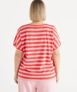 Slub Stripe Dolman V Neck T-Shirt - Pink