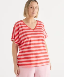 Slub Stripe Dolman V Neck T-Shirt - Pink