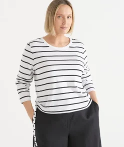 Slub Stripe Long Sleeve Ruched Top