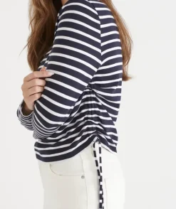 Slub Stripe Ruched Long Sleeve Top - Ink