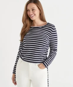 Slub Stripe Ruched Long Sleeve Top - Ink