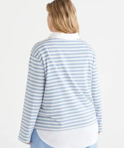 Stripe Boat Neck Long Sleeve Top - Blue