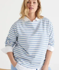 Stripe Boat Neck Long Sleeve Top - Blue