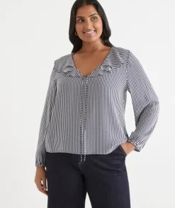 Stripe Frill Detail Long Sleeve Blouse