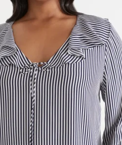 Stripe Frill Detail Long Sleeve Blouse