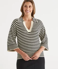 Stripe Knit Polo Top
