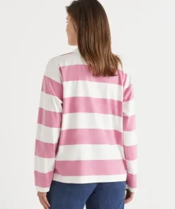 Stripe Long Sleeve Polo Rugby Top - Pink