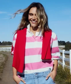Stripe Long Sleeve Polo Rugby Top - Pink