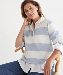 Stripe Long Sleeve Polo Rugby Top - Blue