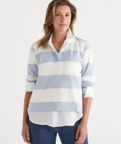 Stripe Long Sleeve Polo Rugby Top - Blue