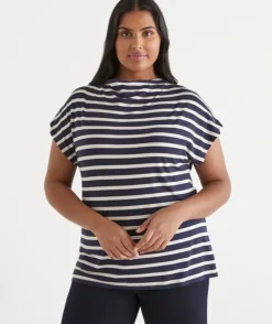 Stripe Mock Neck Short Sleeve Tee - Ink