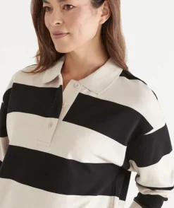 Stripe Rugby Button Jumper - Black/Natural