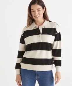 Stripe Rugby Button Jumper - Black/Natural