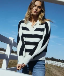 Stripe V Neck Jumper - Ink/White