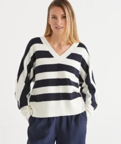 Stripe V Neck Jumper - Ink/White