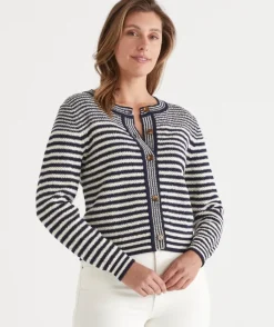 Striped Crew Neck Cardigan - Ink/White