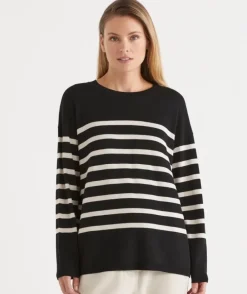 Striped Crew Neck Knit Jumper - Black/Natural