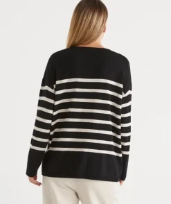 Striped Crew Neck Knit Jumper - Black/Natural