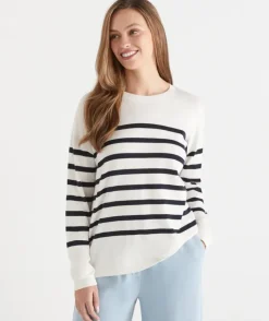 Striped Crew Neck Knit Jumper - Cream/Ink