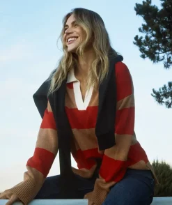Striped Knit Rugby Polo Jumper - Red