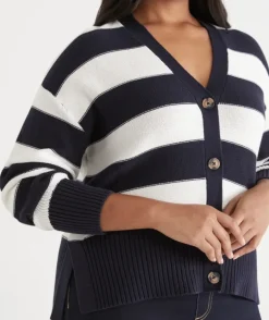 V Neck Stripe Cardigan - Ink