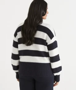 V Neck Stripe Cardigan - Ink