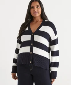 V Neck Stripe Cardigan - Ink